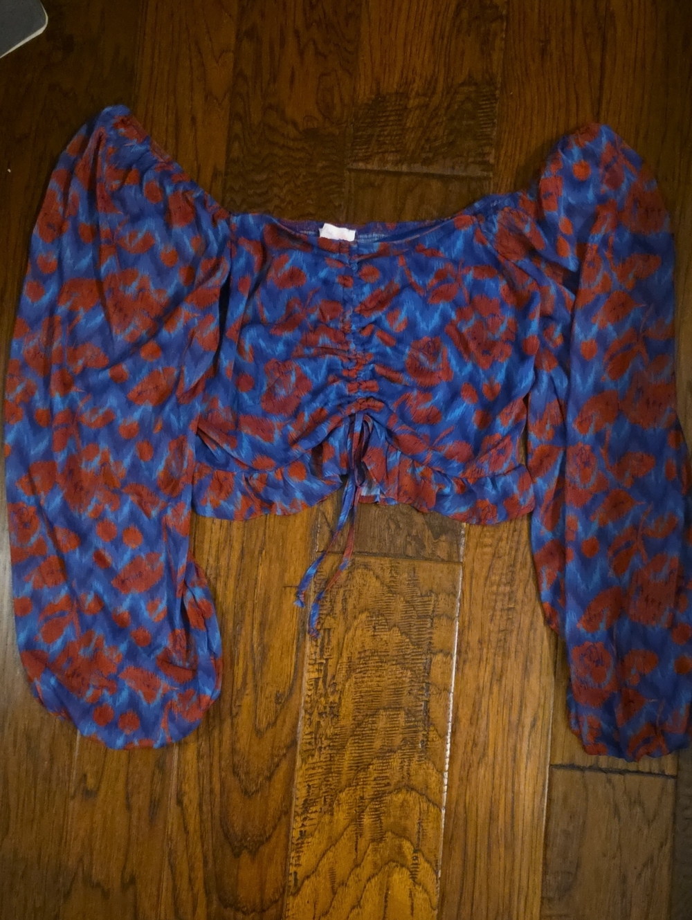 Pink Lily Blue & Rust Red Ruched Crop Top